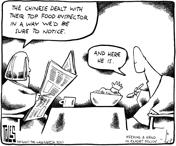 Editorial Cartoon by Tom Toles, Washington Post on China Responds to Export Concerns