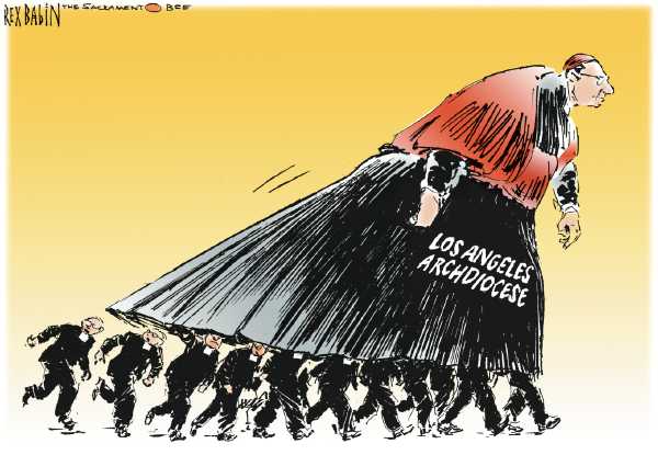 Editorial Cartoon by Rex Babin, Sacramento Bee on Church Settles with Molestation Victims