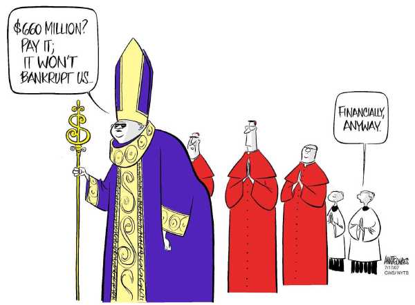 Editorial Cartoon by Ann Telnaes, CWS/CartoonArts Intl. on Church Settles with Molestation Victims
