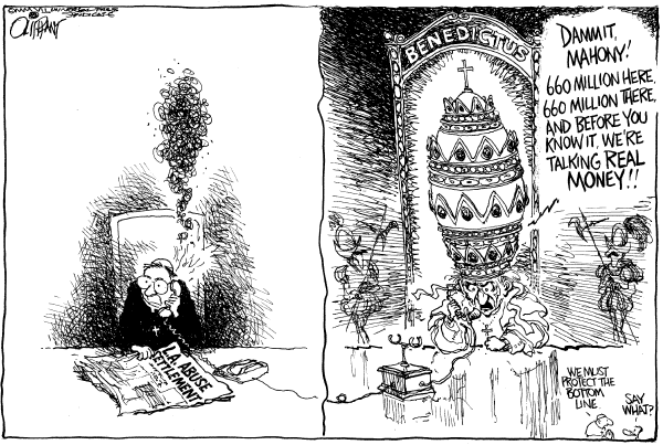 Editorial Cartoon by Pat Oliphant, Universal Press Syndicate on Church Settles with Molestation Victims
