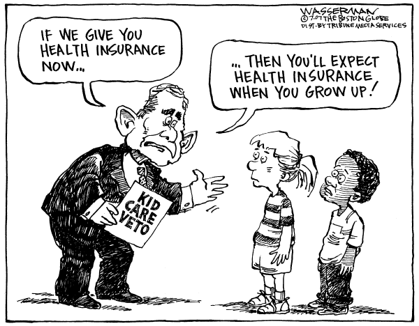 Editorial Cartoon by Dan Wasserman, Boston Globe on Bush Vows Not to Back Down