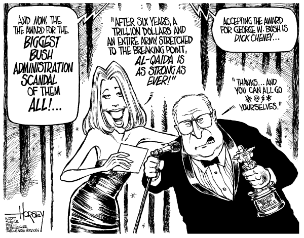 Editorial Cartoon by David Horsey, Seattle Post-Intelligencer on Bush Vows Not to Back Down