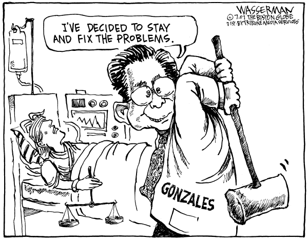 Editorial Cartoon by Dan Wasserman, Boston Globe on Gonzales’ Testimony True to Form