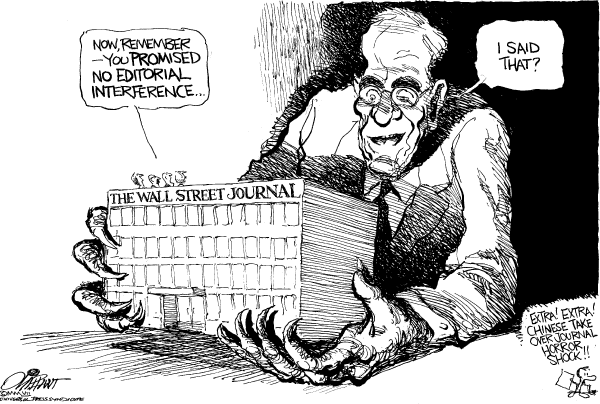 Editorial Cartoon by Pat Oliphant, Universal Press Syndicate on Murdoch Buys Wall Street Journal