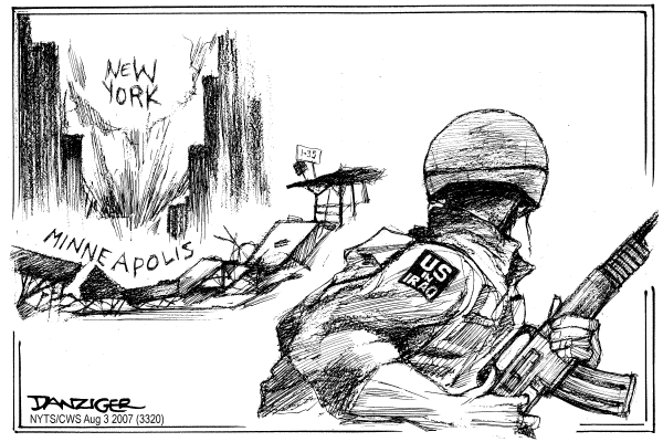 Editorial Cartoon by Jeff Danziger, CWS/CartoonArts Intl. on Bridge Collapses in Minneapolis