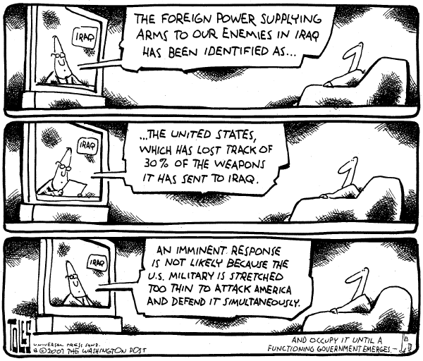 Editorial Cartoon by Tom Toles, Washington Post on Weapons Create Problems in Iraq