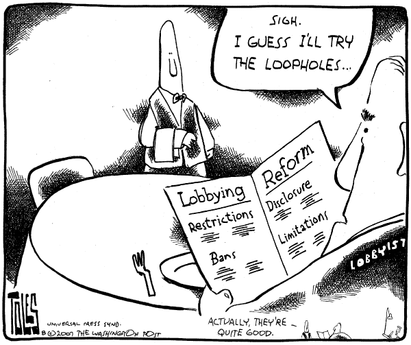 Editorial Cartoon by Tom Toles, Washington Post on Lobby Reform Bill Passes