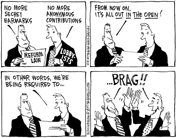Editorial Cartoon by Dan Wasserman, Boston Globe on Lobby Reform Bill Passes