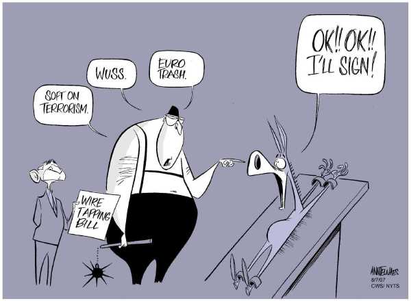 Editorial Cartoon by Ann Telnaes, CWS/CartoonArts Intl. on Democrats Help Pass Wiretapping Bill