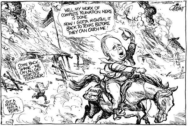 Editorial Cartoon by Pat Oliphant, Universal Press Syndicate on Karl Rove Resigns