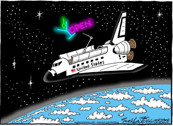 Editorial Cartoon by Bob Engelhart, Hartford Courant on Shuttle May Need In-flight Repair