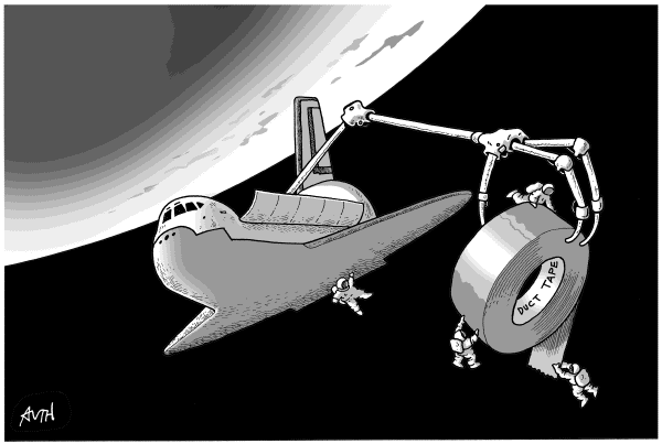Editorial Cartoon by Tony Auth, Philadelphia Inquirer on Shuttle May Need In-flight Repair