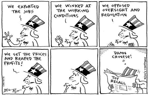 Editorial Cartoon by Joel Pett, Lexington Herald-Leader, CWS/CartoonArts Intl. on China’s Exports Declared Unsafe