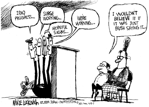 Editorial Cartoon by Mike Luckovich, Atlanta Journal-Constitution on Bush Pleased With Iraq War