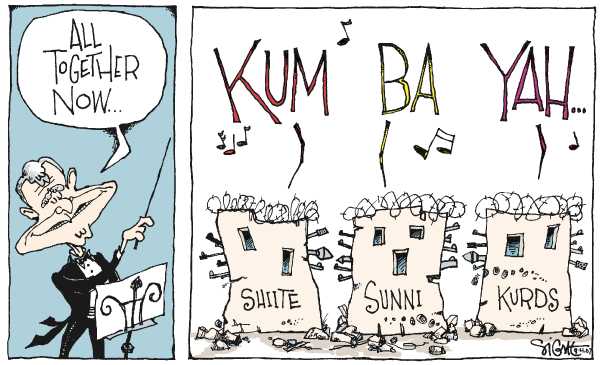 Editorial Cartoon by Signe Wilkinson, Philadelphia Daily News on Bush Pleased With Iraq War