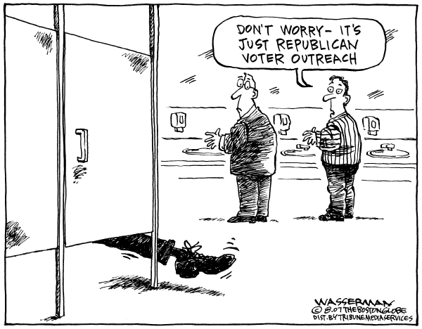 Editorial Cartoon by Dan Wasserman, Boston Globe on Idaho Senator Busted for Lewd Behavior