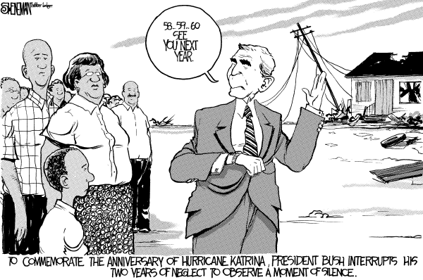 Editorial Cartoon by Drew Sheneman, Newark Star Ledger on Hurricane Katrina Anniversary Observed