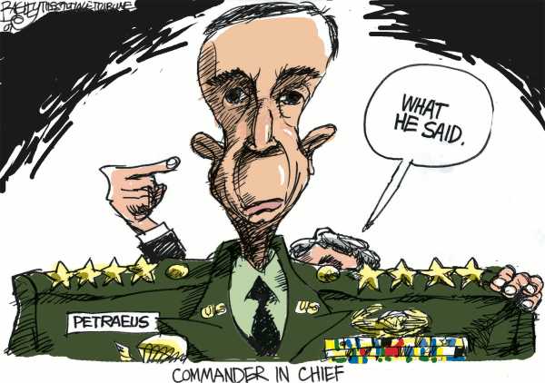 Editorial Cartoon by Pat Bagley, Salt Lake Tribune on General Patraeus Testifies
