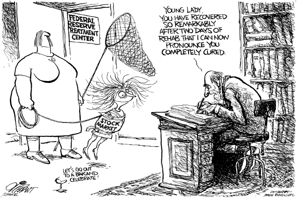 Editorial Cartoon by Pat Oliphant, Universal Press Syndicate on Federal Reserve Cuts Rate