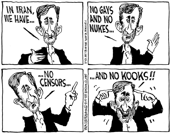 Editorial Cartoon by Dan Wasserman, Boston Globe on Ahmadinejad Speaks at Columbia, UN