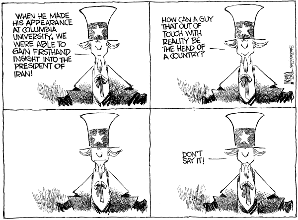 Editorial Cartoon by Don Wright, Palm Beach Post on Ahmadinejad Speaks at Columbia, UN