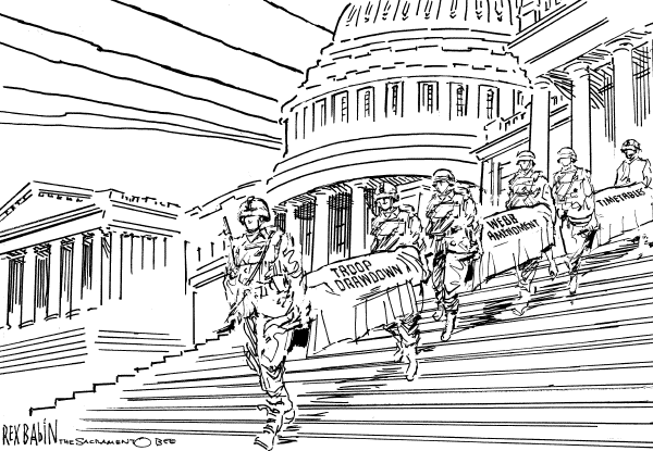 Editorial Cartoon by Rex Babin, Sacramento Bee on Iraq War Debate Subsides