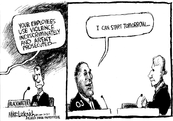 Editorial Cartoon by Mike Luckovich, Atlanta Journal-Constitution on Private Army Operating in Iraq