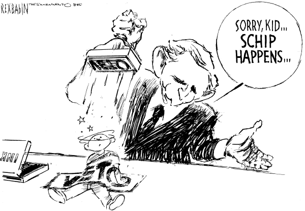 Editorial Cartoon by Rex Babin, Sacramento Bee on Bush Vetoes Child Health Care Bill