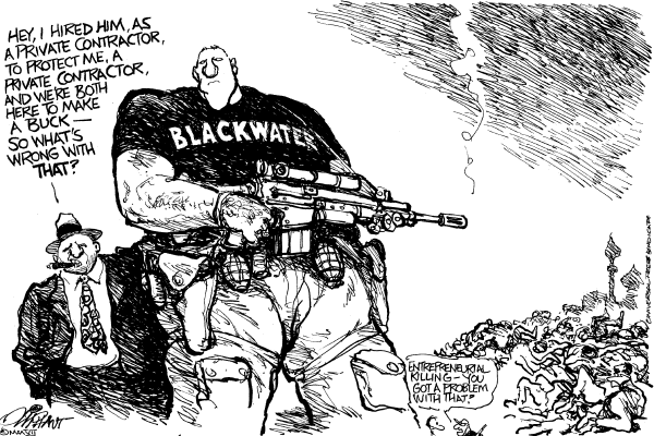Editorial Cartoon by Pat Oliphant, Universal Press Syndicate on Mercenary Army Growing in Strength