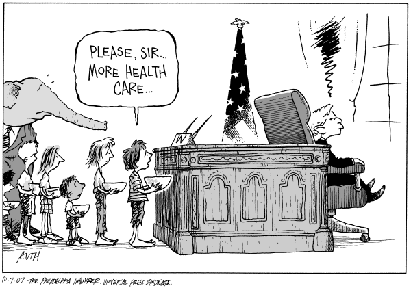 Editorial Cartoon by Tony Auth, Philadelphia Inquirer on Bush Vetoes Child Health Care Bill