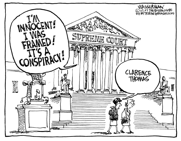 Editorial Cartoon by Dan Wasserman, Boston Globe on Justice Thomas Reveals Himself