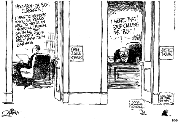 Editorial Cartoon by Pat Oliphant, Universal Press Syndicate on Justice Thomas Reveals Himself