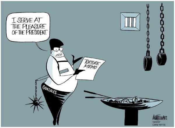 Editorial Cartoon by Ann Telnaes, CWS/CartoonArts Intl. on White House: US Does Not Torture