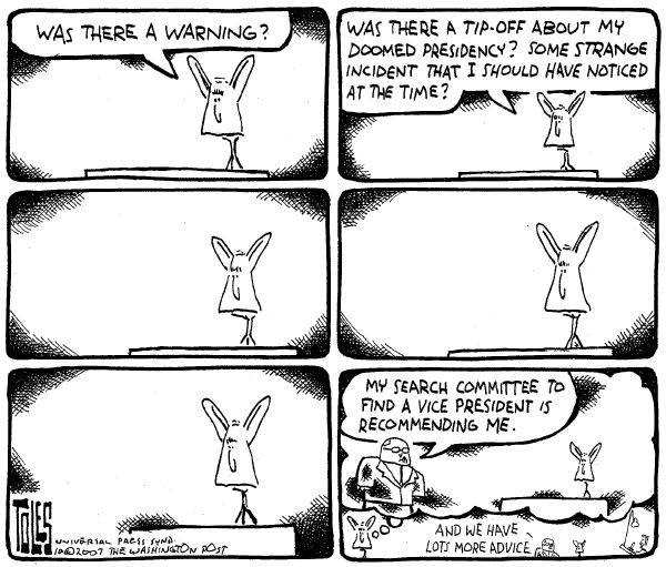 Editorial Cartoon by Tom Toles, Washington Post on Bush Claims Relevancy