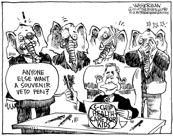 Editorial Cartoon by Dan Wasserman, Boston Globe on Health Care Veto Still Stinging