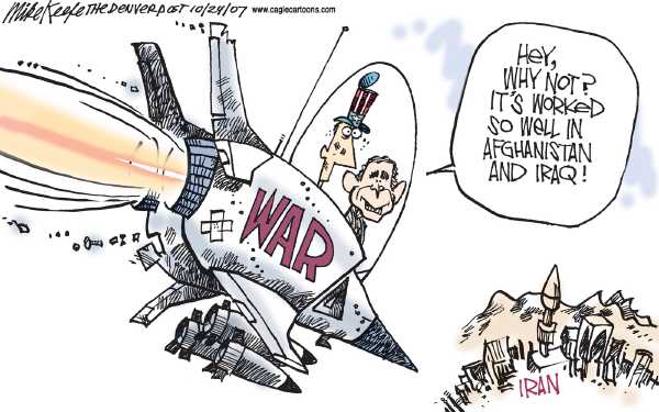Editorial Cartoon by Mike Keefe, Denver Post on Iran May Lead to WWIII, Bush Says