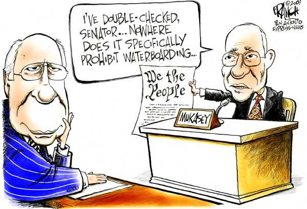 Editorial Cartoon by John Branch, San Antonio Express-News on Mukasey Hearings Focus on Torture