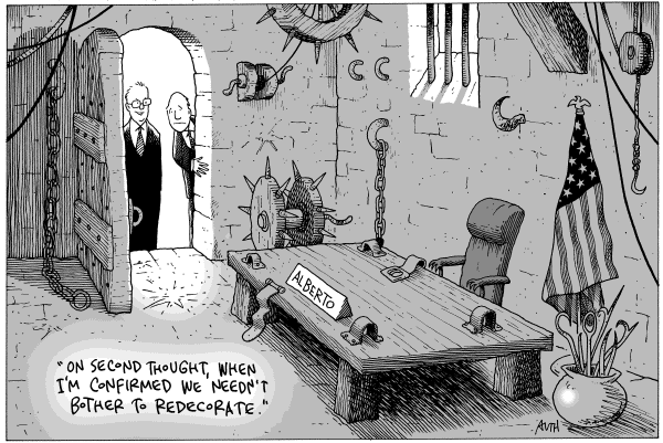 Editorial Cartoon by Tony Auth, Philadelphia Inquirer on Mukasey Hearings Focus on Torture