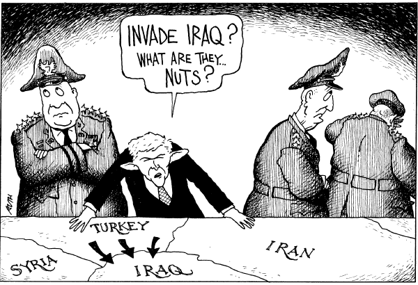 Editorial Cartoon by Tony Auth, Philadelphia Inquirer on Turkey Moves Troops to Iraq Border