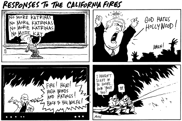 Editorial Cartoon by Tony Auth, Philadelphia Inquirer on 1 Million Evacuated in S. California