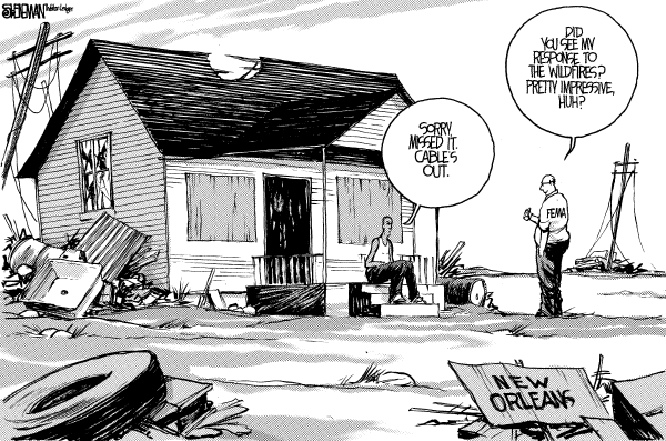 Editorial Cartoon by Drew Sheneman, Newark Star Ledger on 1 Million Evacuated in S. California