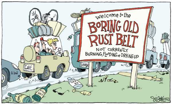 Editorial Cartoon by Signe Wilkinson, Philadelphia Daily News on 1 Million Evacuated in S. California