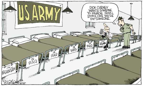 Editorial Cartoon by Signe Wilkinson, Philadelphia Daily News on Bush: War a Last Resort in Iran