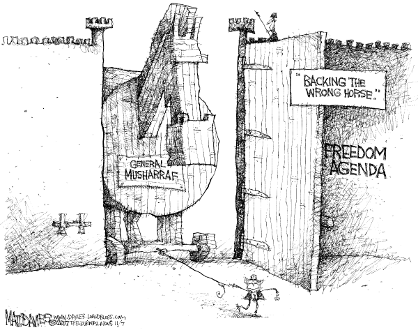 Editorial Cartoon by Matt Davies, Journal News on Musharraf Promises Elections