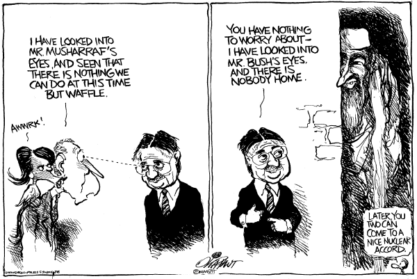 Editorial Cartoon by Pat Oliphant, Universal Press Syndicate on Musharraf Promises Elections