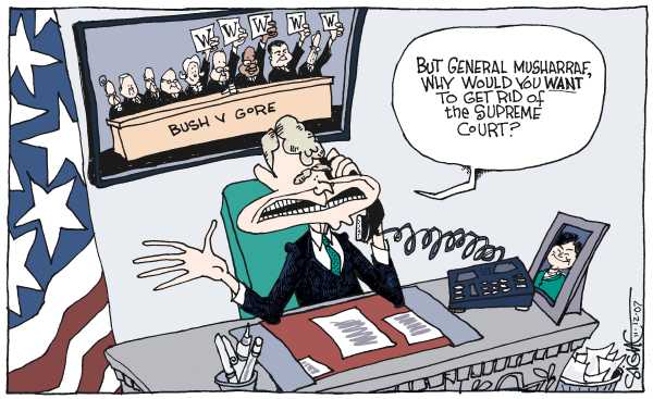 Editorial Cartoon by Signe Wilkinson, Philadelphia Daily News on Musharraf Promises Elections