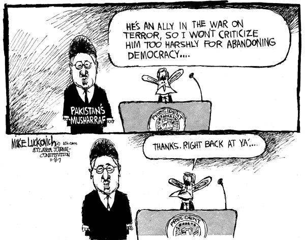 Editorial Cartoon by Mike Luckovich, Atlanta Journal-Constitution on Musharraf Promises Elections
