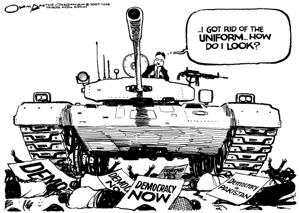 Editorial Cartoon by Jack Ohman, The Oregonian on Musharraf Promises Elections