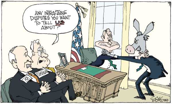 Editorial Cartoon by Signe Wilkinson, Philadelphia Daily News on US Initiates Mideast Peace Talks