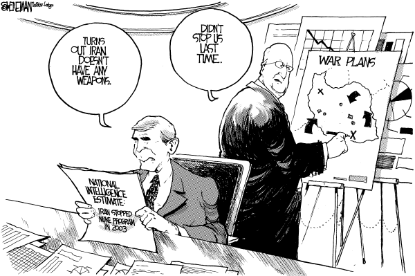Editorial Cartoon by Drew Sheneman, Newark Star Ledger on Iran More Dangerous than Ever, Bush Says